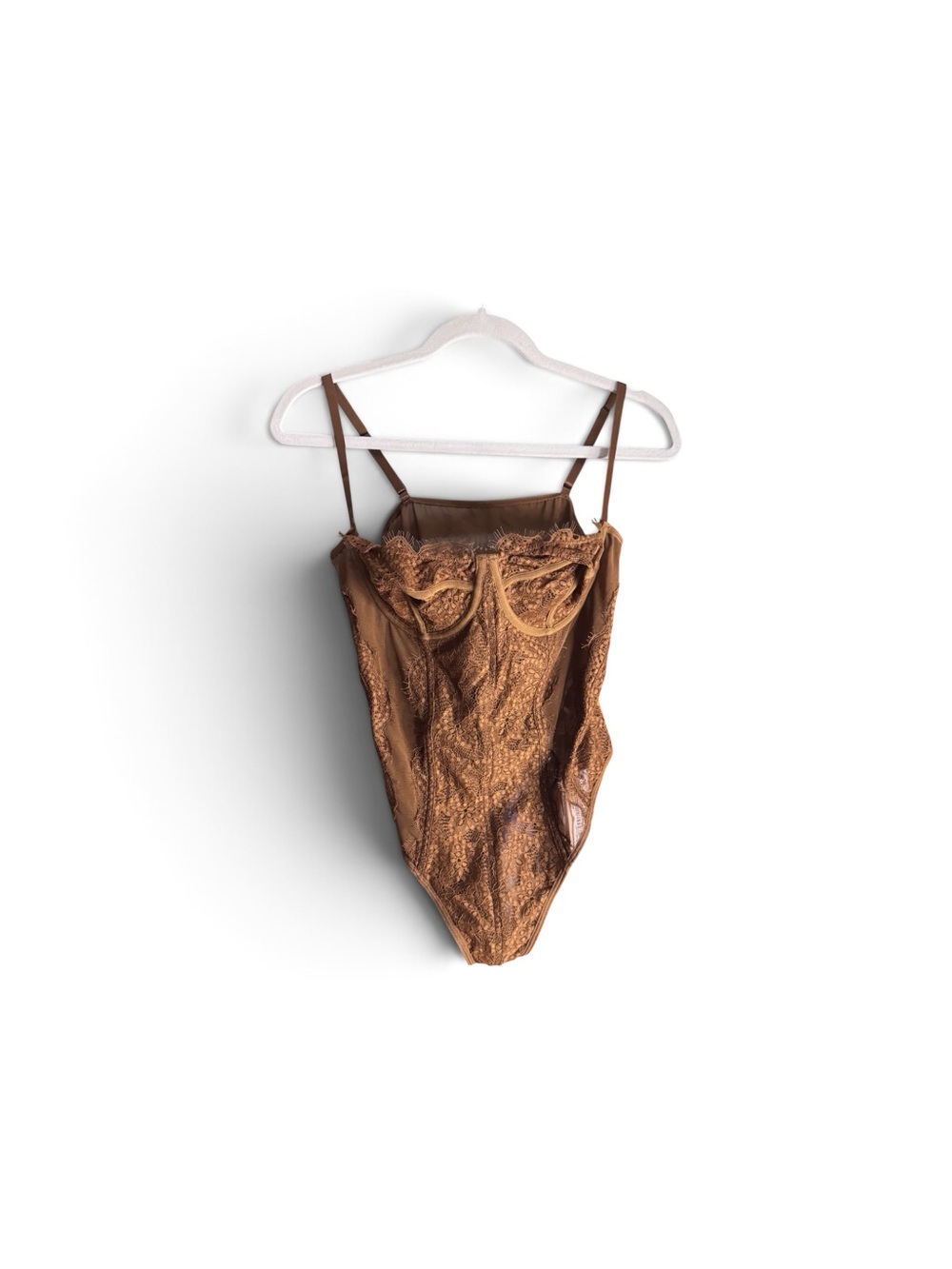 Lace-Trim Brown Bodysuit with Underwire Support